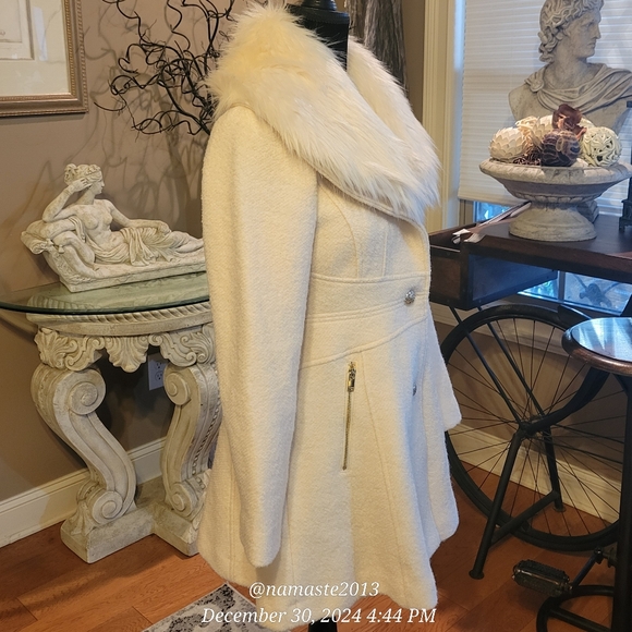 Guess Wool Blend Pea Coat Faux Fur Designer Luxury Celeb Removable Collar #74 - Picture 5 of 11